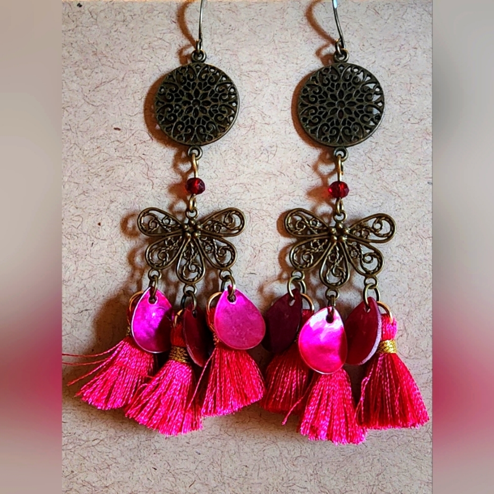 Deep Pink Tasseled Earrings